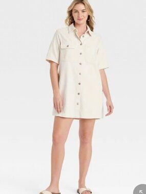 Universal Thread Utility Shirt Dress Beige Denim Button Front Pockets XXL